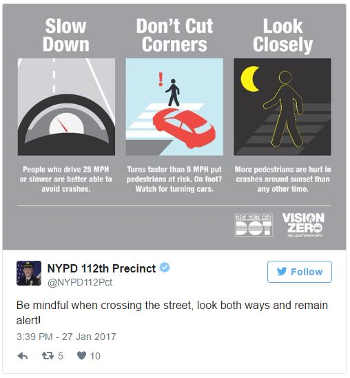 tweet from the NYPD to prevent pedestrian accidents