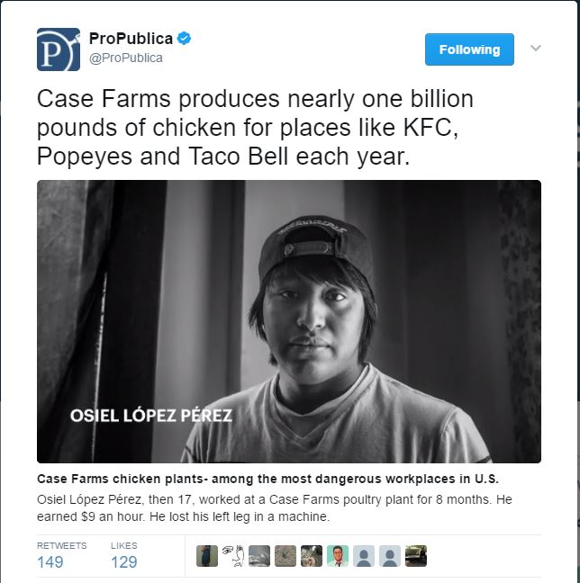 investigation on workers injured at Case Farms on Pro Publica Twitter