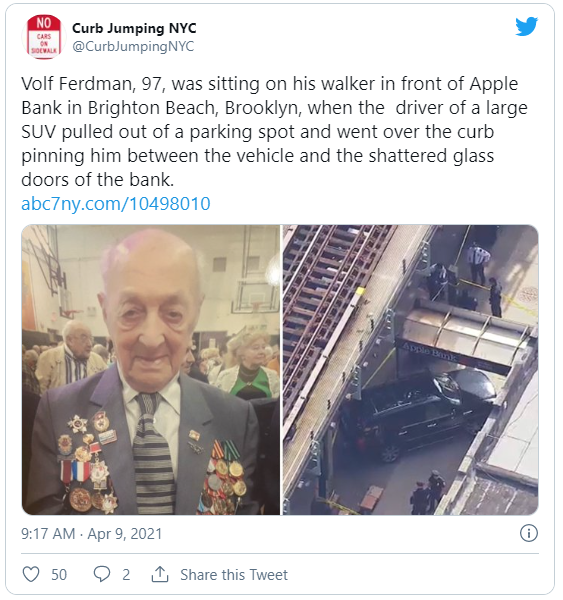 tweet about pedestrian crushed by car in NYC