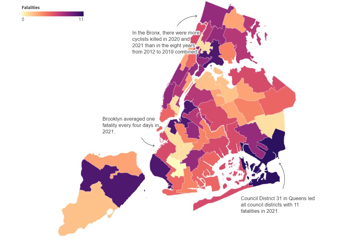 most dangerous disctricts in NYC for car crashes fatalities